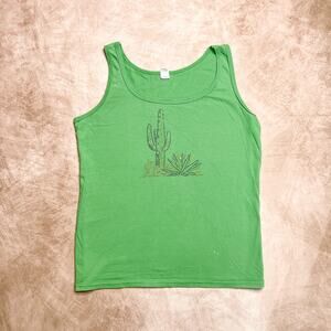 Anvil Green Rhinestone Cactus Prickly Pear Yucca Tank Top Sleeveless Desert Y2K